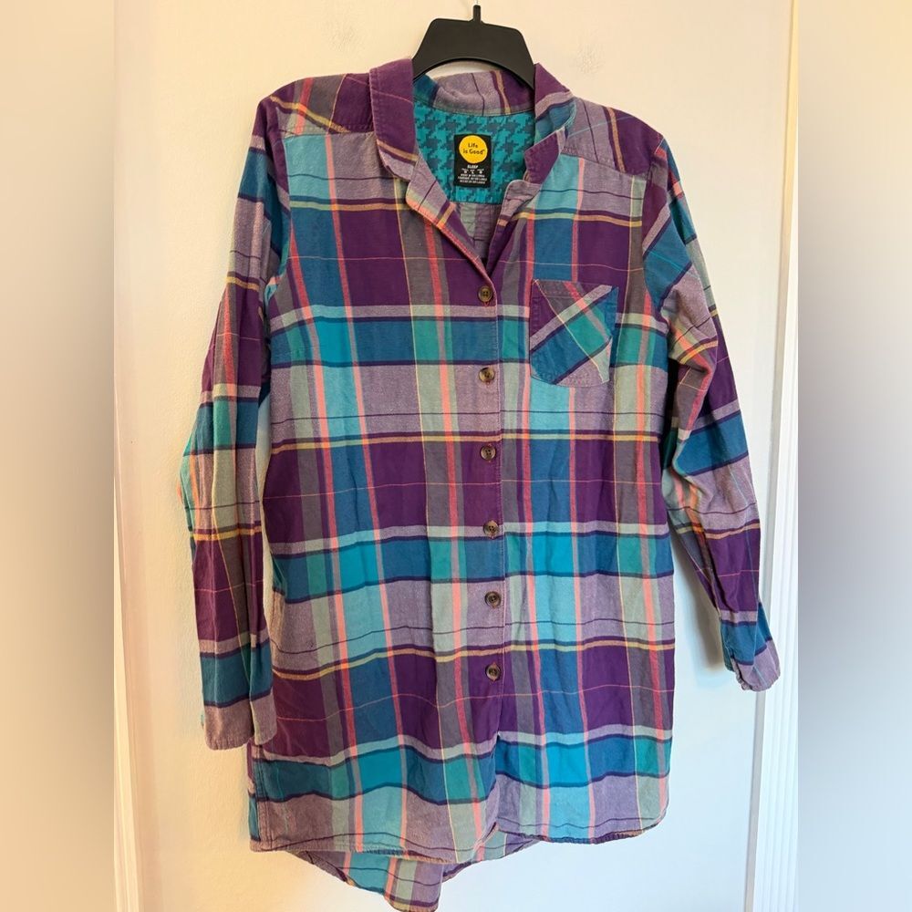 Life is Good Purple Plaid Flannel Button Down Nightgown - Size Large